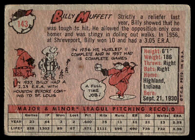 Vintage baseball card featuring Billy Muffett with cartoon illustrations and player stats