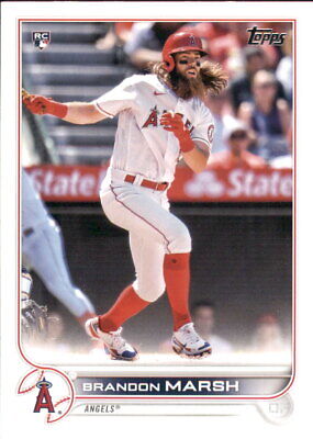 Brandon Marsh running in red and white uniform on Los Angeles Angels baseball card