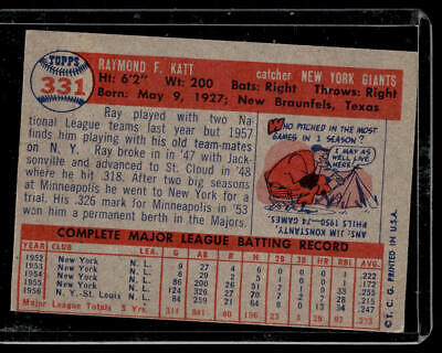 Vintage baseball card featuring Ray Katt’s stats with the Giants and Cardinals