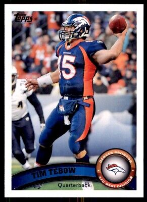 Tim Tebow throwing pass on 2011 Topps football card Denver Broncos #210, text-align center