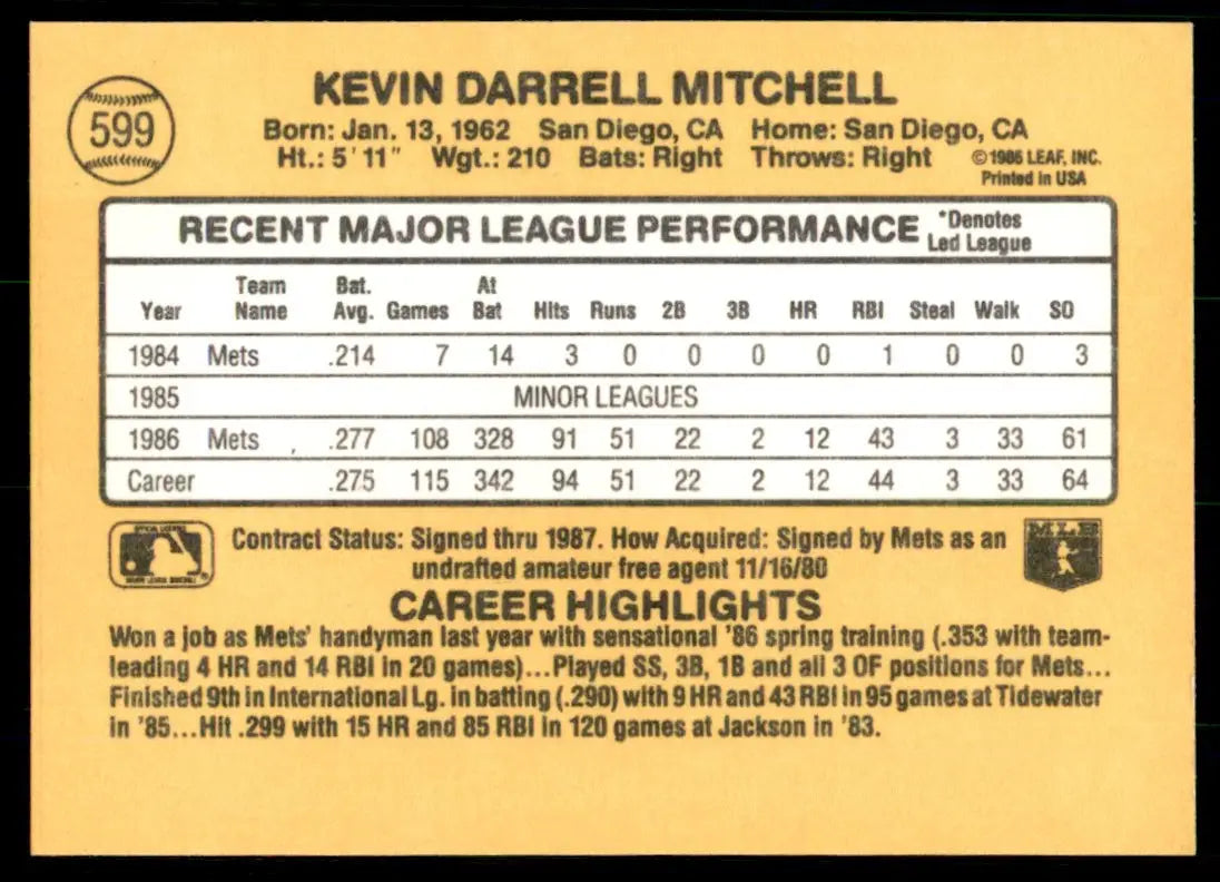 1987 Donruss Kevin Mitchell New York Mets #599