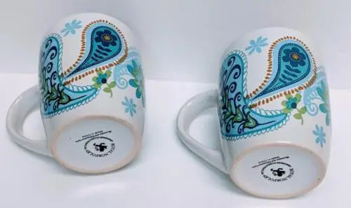 Two Royal Norfolk Blue Green Teal Paisley-patterned mugs for coffee or tea