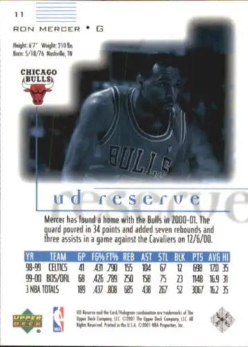 Ron Mercer 2000-01 UD Reserve basketball card with original gloss, Simply Sandoval