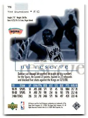 Tim Duncan trading card from the 2000-01 UD Reserve #73 collection