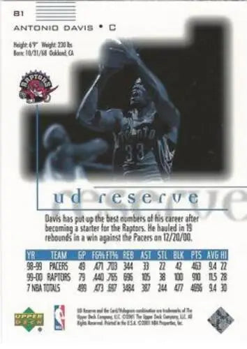 Antonio Davis basketball card 2000-01 UD Reserve NM-MT original gloss Raptors