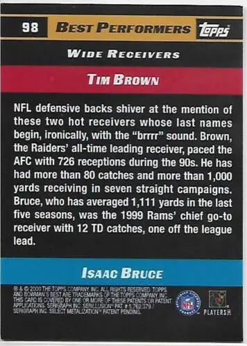 Football card back of 2000 Bowman’s Best Isaac Bruce Tim Brown NM-MT Raiders BP original gloss