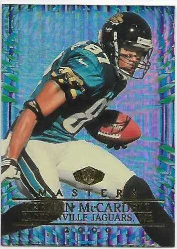 Holographic Jacksonville Jaguars football trading card featuring Keenan McCardell in action