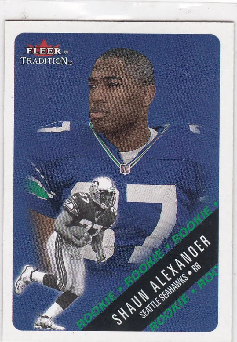 Fleer Tradition NFL trading card of Shaun Alexander RC Seattle Seahawks in blue jersey