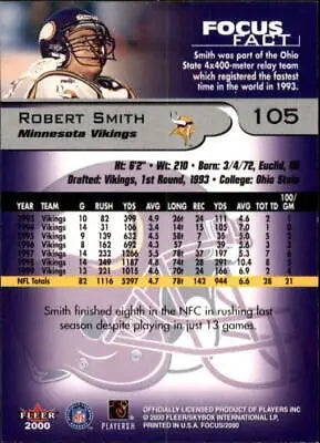 Trading card back of 2000 Fleer Focus Robert Smith Minnesota Vikings NFL card