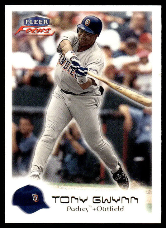 Baseball card of Tony Gwynn in batting stance for San Diego Padres 2000 Fleer Focus