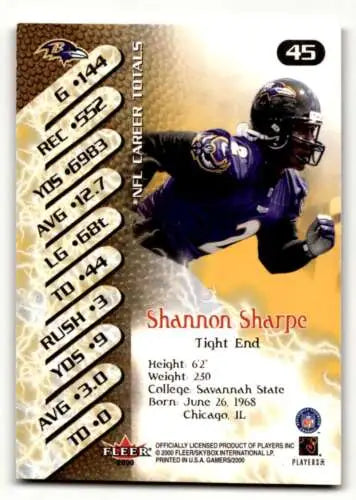 2000 Fleer Gamers #45 Shannon Sharpe Baltimore Ravens football card with original gloss