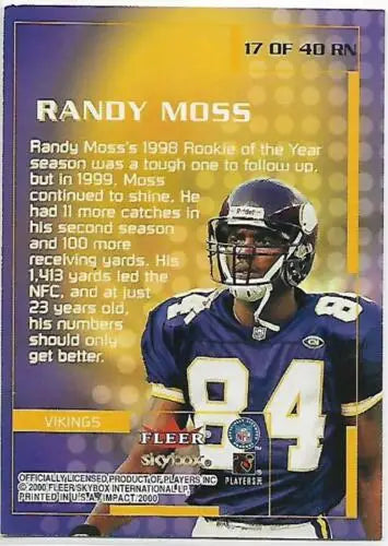 Randy Moss football card 2000 Fleer Impact Rewind with original gloss, Vikings collectible