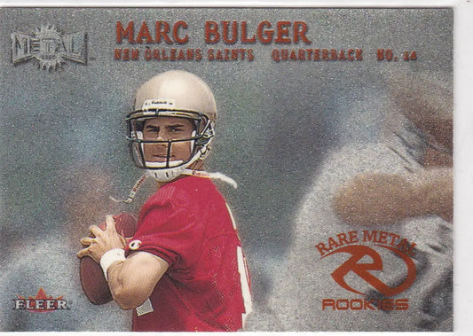 Football trading card of Marc Bulger RC Rookie in red jersey, Fleer Metal design