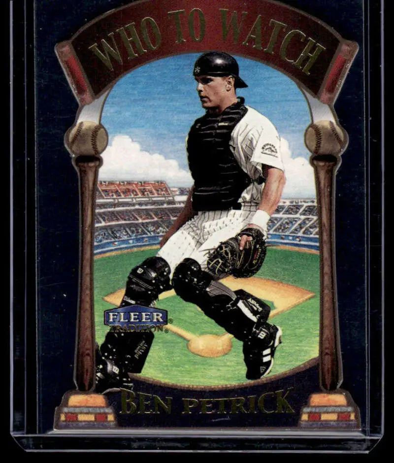 Baseball card of Ben Petrick in black gear and white uniform for Colorado Rockies