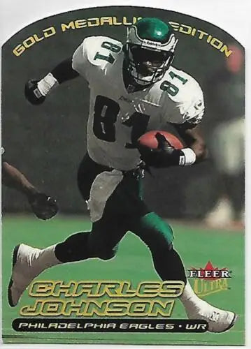 Gold Medallion Edition football card of Charles Johnson running for the Eagles