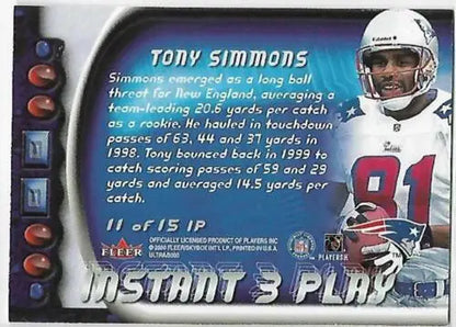 Original gloss 2000 Fleer Ultra Instant Three Play Tony Simmons football card NM Patriots