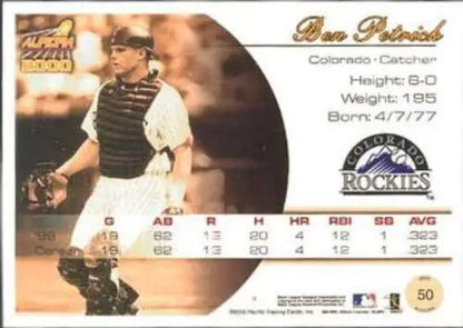 Baseball card back of 2000 Pacific Aurora #50 Ben Petrick with original gloss finish