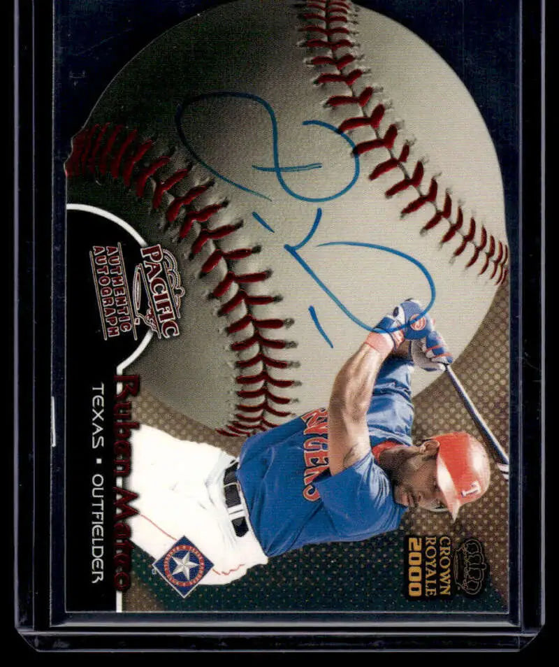 Signed baseball with red stitching and blue autograph featuring Ruben Mateo Texas Rangers Baseball Card