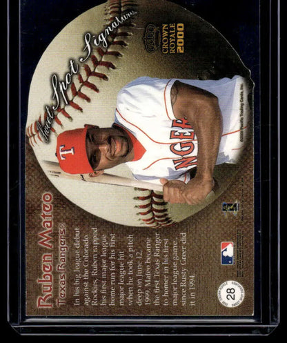 Baseball card of Ruben Mateo in white Angels uniform for Texas Rangers collection