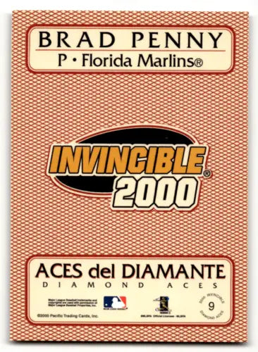 2000 Pacific Invincible Diamond Aces #9 Brad Penny baseball card in NM condition