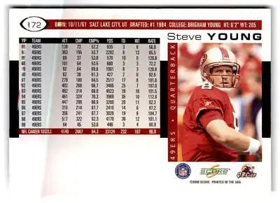 Steve Young San Francisco 49ers football card from 2000 Score #172 collectible