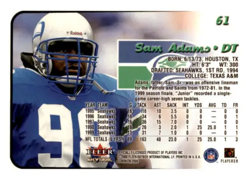 Sam Adams football card, 2000 SkyBox Dominion with original gloss for Seahawks fans