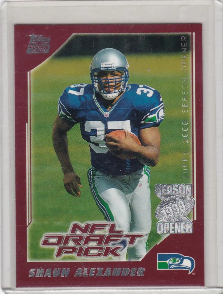 Seattle Seahawks trading card of Shaun Alexander Rookie Season Opener in blue and silver