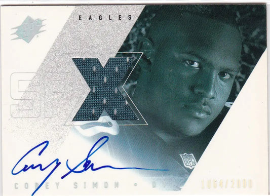 NFL trading card of Corey Simon RC Auto from Upper Deck SPX in teal and gray