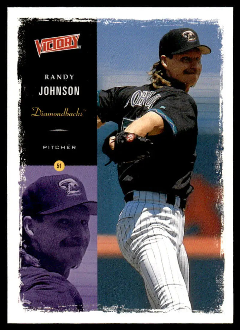 Baseball card of Randy Johnson in classic Arizona Diamondbacks pinstriped uniform