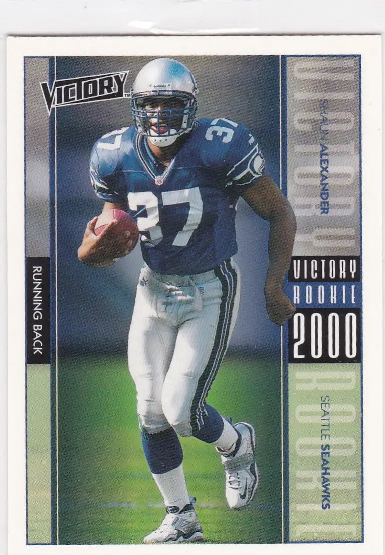 Football trading card of Shaun Alexander RC Rookie in Seahawks blue and silver uniform