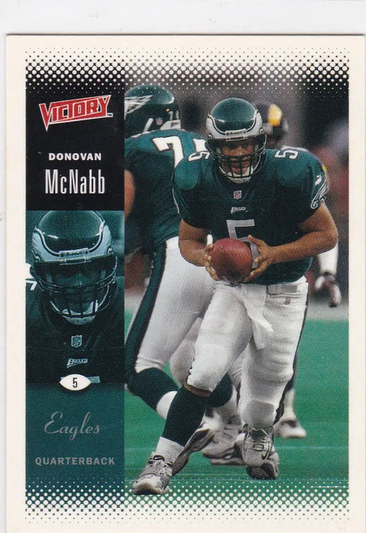 Football trading card of Donovan McNabb Philadelphia Eagles in green jersey number 5