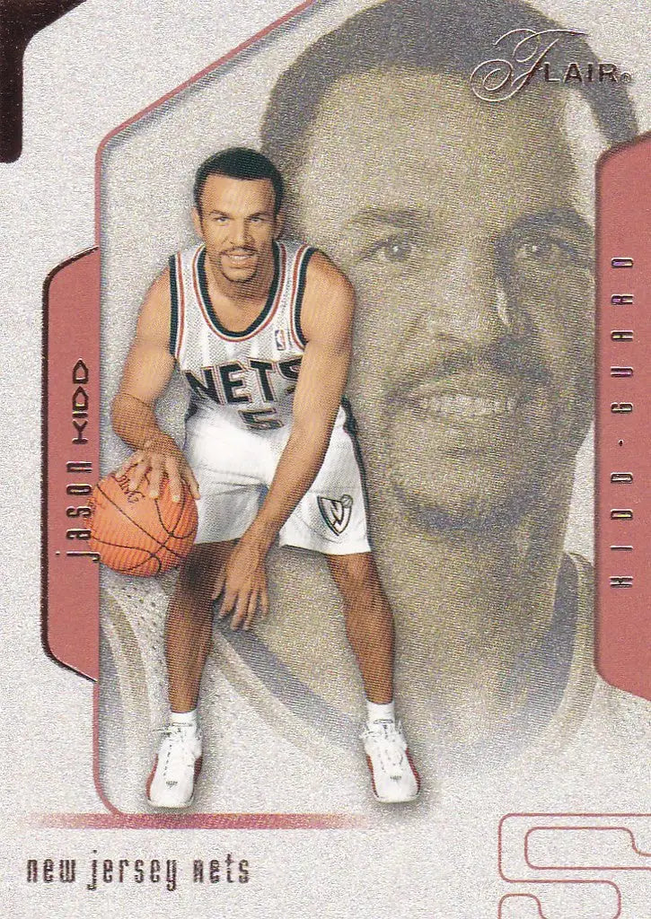 Jason Kidd in a New Jersey Nets uniform with a basketball, featured on trading card