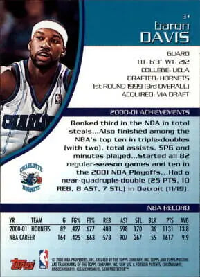 2001-02 Topps Pristine Baron Davis Basketball Card featuring Charlotte Hornets design