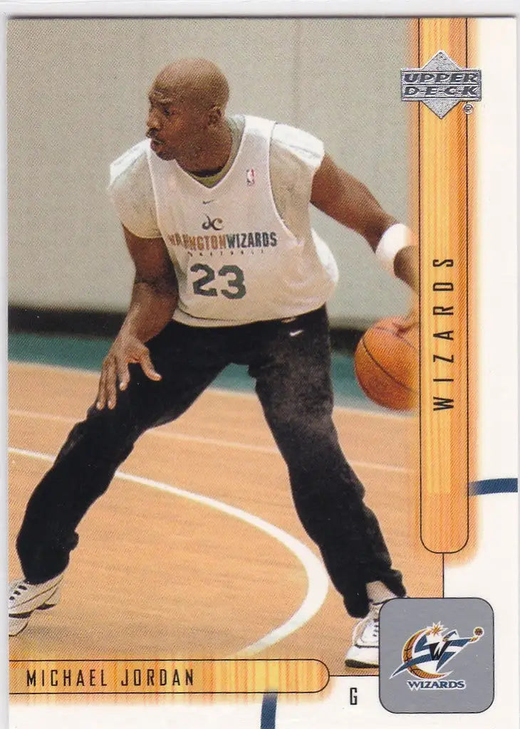 Basketball trading card of Michael Jordan Washington in a Wizards jersey dribbling a ball