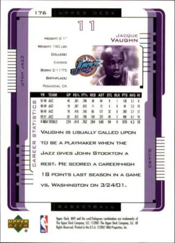 2001-02 Upper Deck MVP #176 Jacque Vaughn basketball card with original gloss