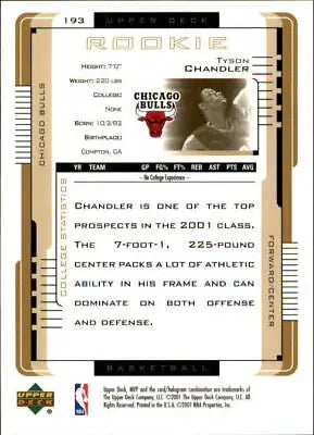 Tyson Chandler rookie card from 2001-02 Upper Deck MVP Chicago Bulls NBA collection