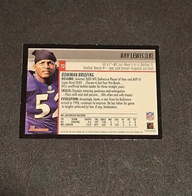 Ray Lewis 2001 Bowman #43 trading card featuring the Baltimore Ravens star linebacker