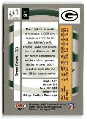 Brett Favre trading card from 2001 Fleer Legacy #81 showcasing NFL legend’s stats