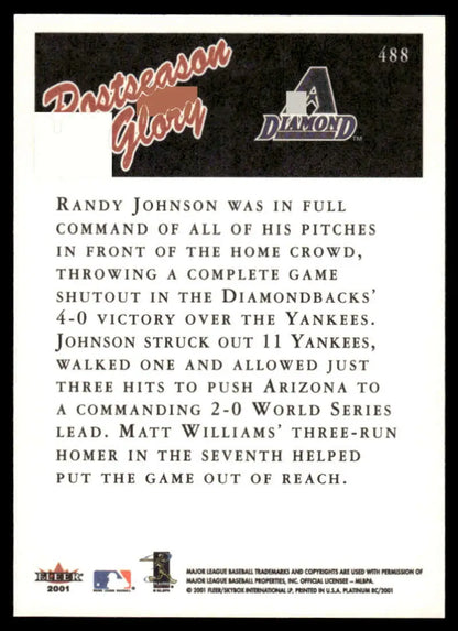 Back of 2001 Fleer Platinum Randy Johnson card detailing Diamondbacks vs Yankees game