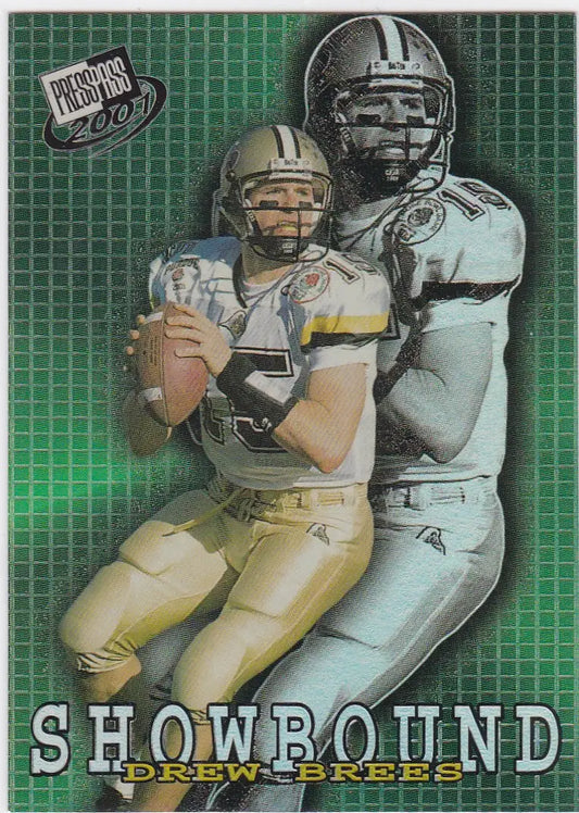 Football trading card of SB1 Drew Brees in gold uniform from Press Pass Showbound