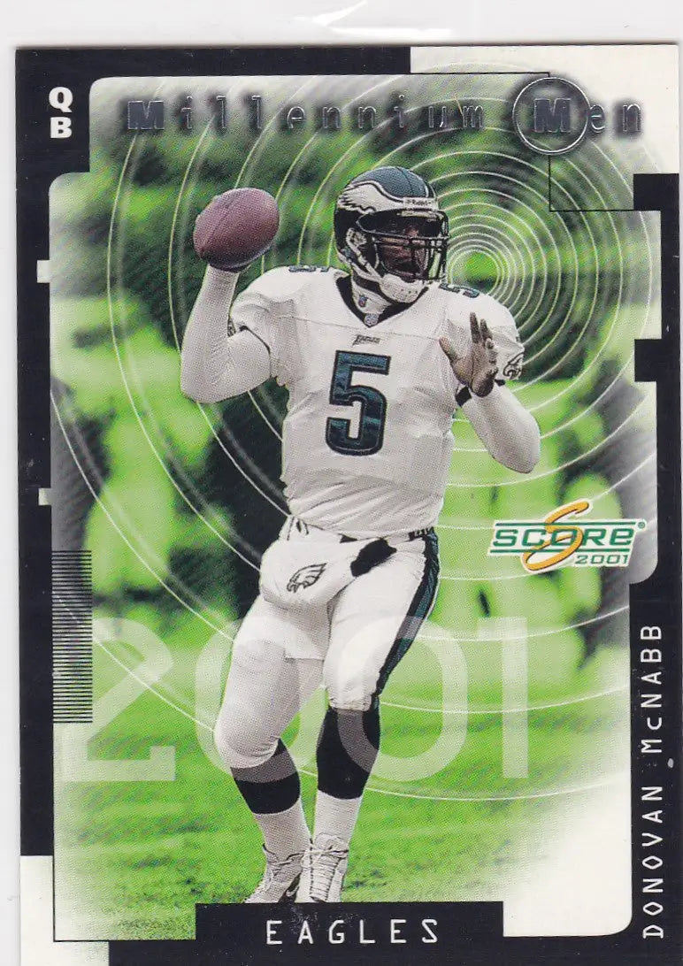 Football trading card of MM40 Donovan McNabb in a white uniform on green background