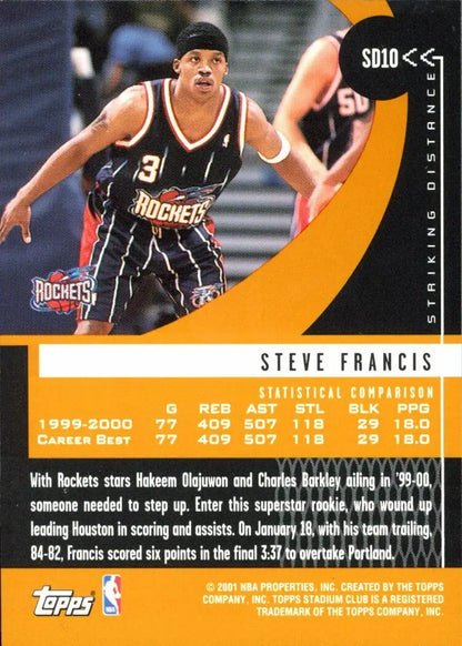 Steve Francis Striking Distance Insert SD10 Basketball Card from 2001 Stadium Club Steve