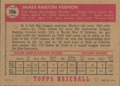 Vintage Baseball Card Back of Topps Archives Mickey Vernon 52 Washington Senators