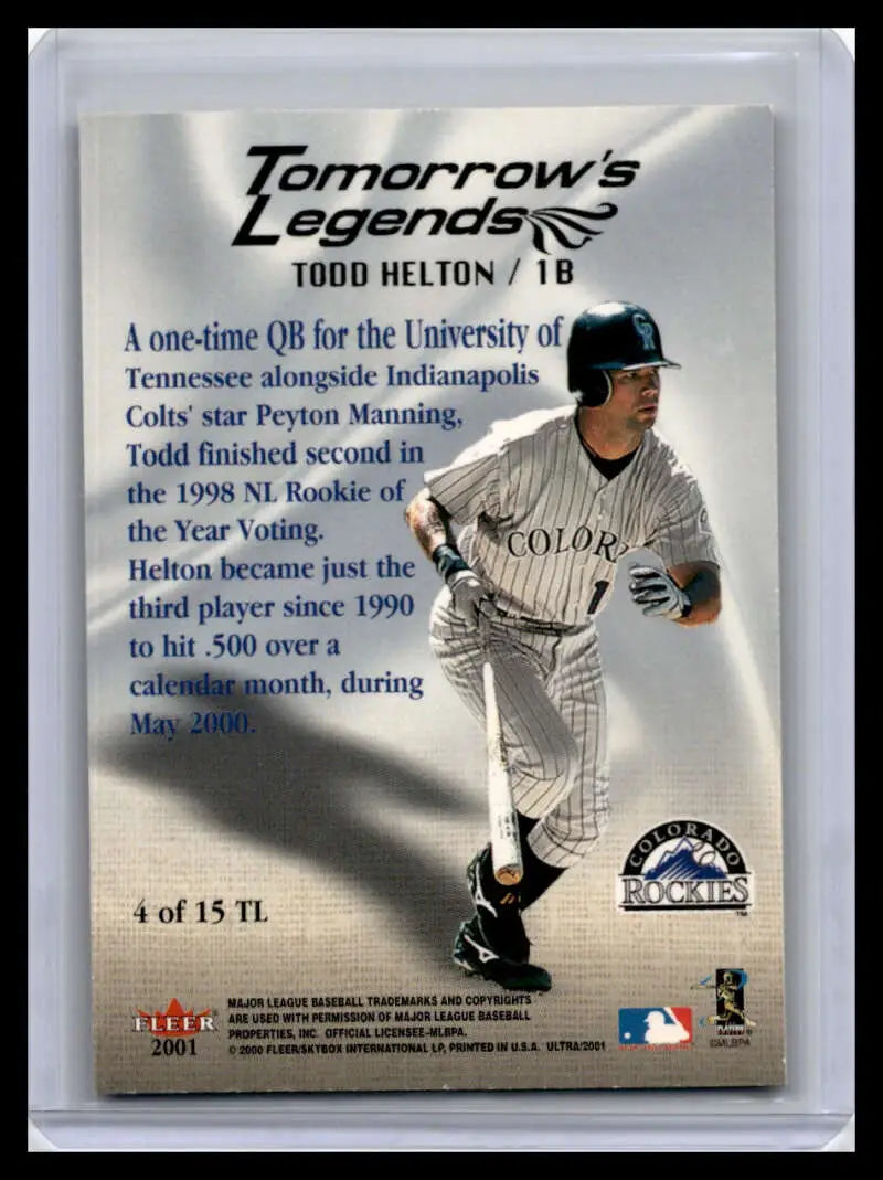 Baseball card of Todd Helton in white pinstriped uniform for 2001 Ultra 4TL set