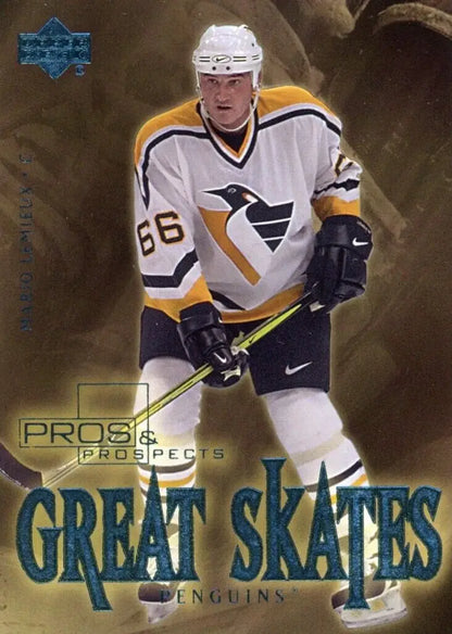 Hockey player card featuring Upper Deck Mario Lemieux Great Skates Insert Penguins #GS2