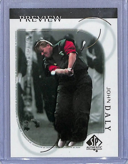 Golf card featuring John Daly mid-swing in black attire from Upper Deck Authentic Preview