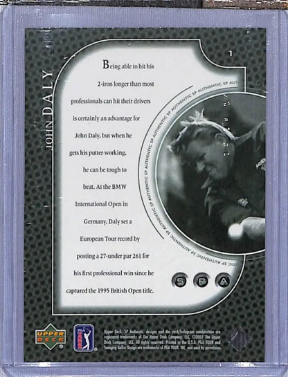 Back of 2001 Upper Deck SP Authentic Preview Golf Card featuring text and photo