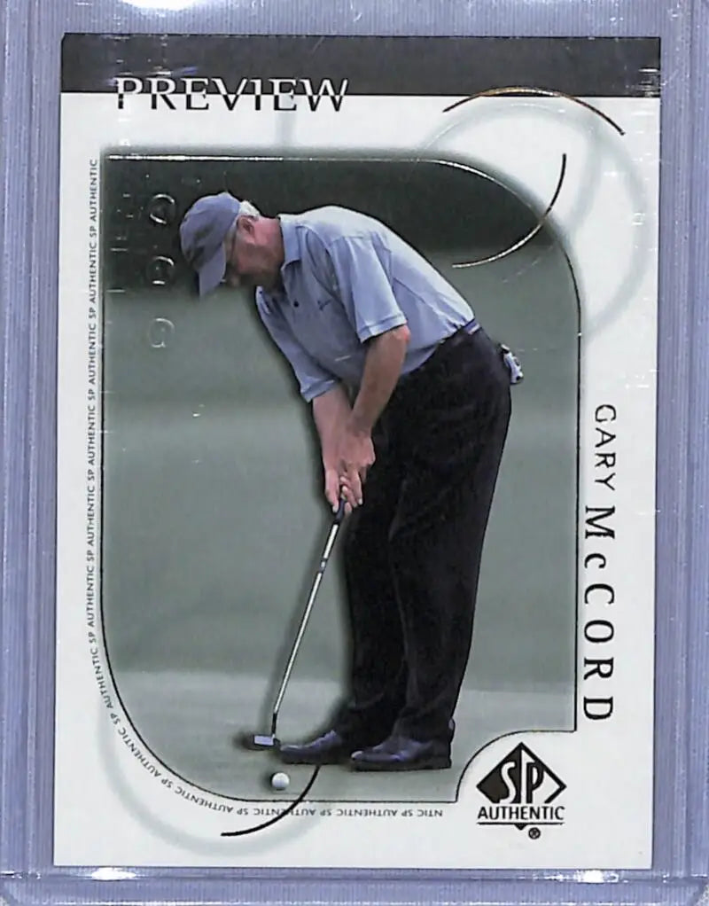 Golf trading card featuring Gary McCord lining up a putt from Upper Deck Authentic Preview