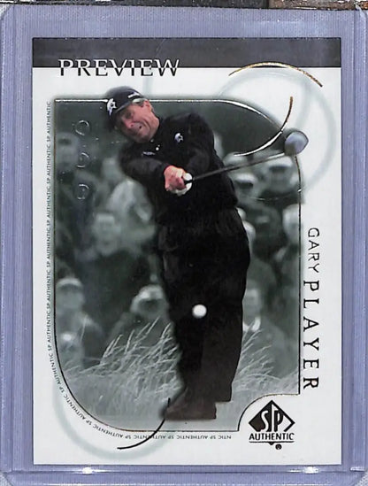 Golf trading card of Gary Player swinging in black attire from Upper Deck SP Authentic