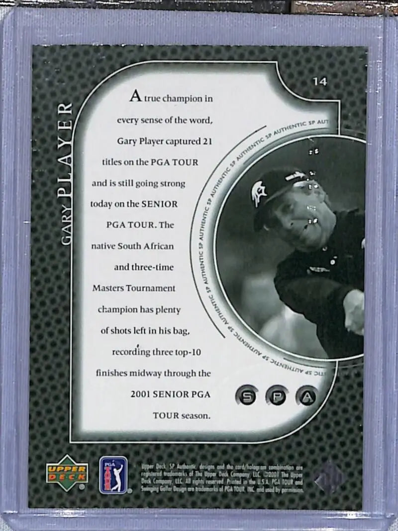 Golf trading card showcasing Gary Player’s PGA Tour achievements, Upper Deck SP Authentic